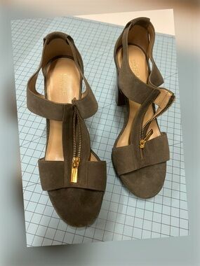 Michael Kors Olive Green Suede Zip-Front Block Heel Sandals